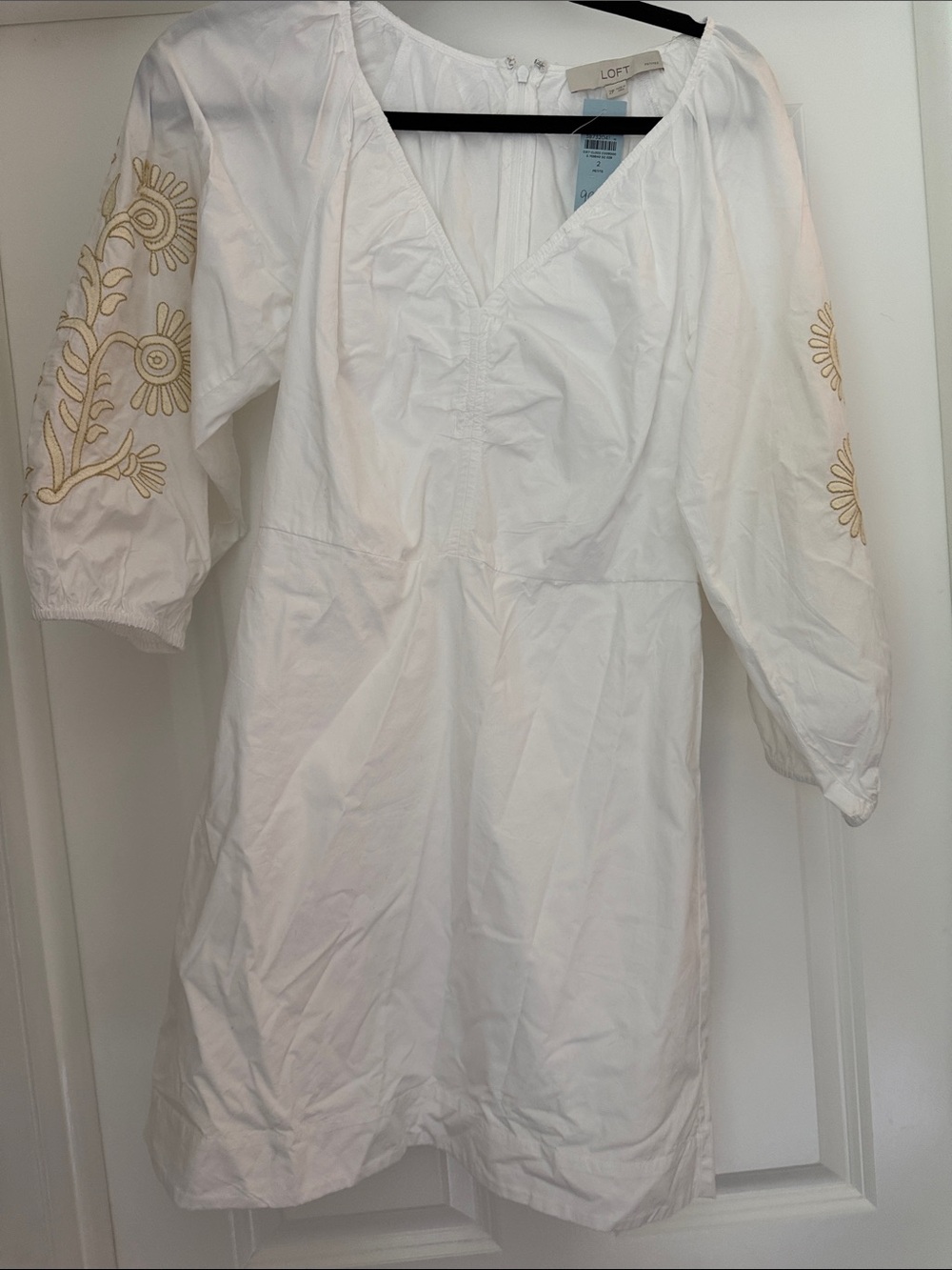 LOFT White V‑Neck Tunic Dress with Gold Floral Sleeve Embroidery